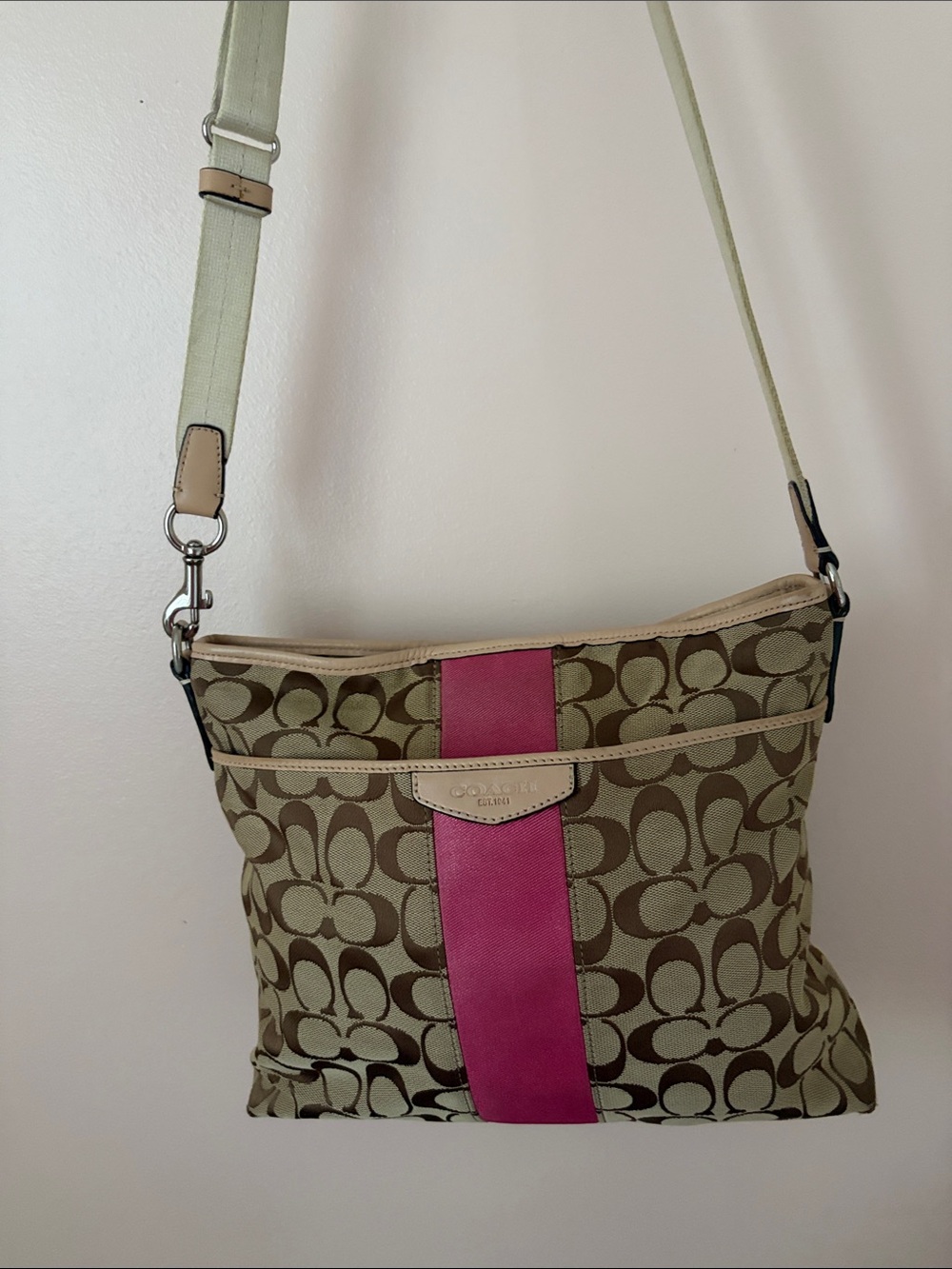 Coach Signature Crossbody with Pink Center Strip